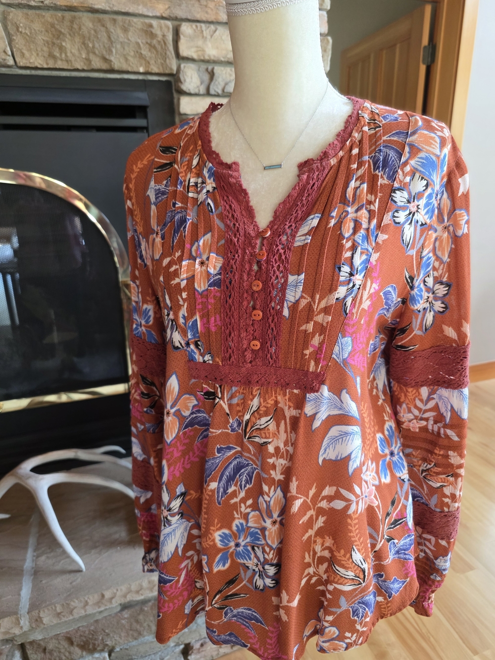 Sundance Boho Floral Peasant Top in Burnt Orange